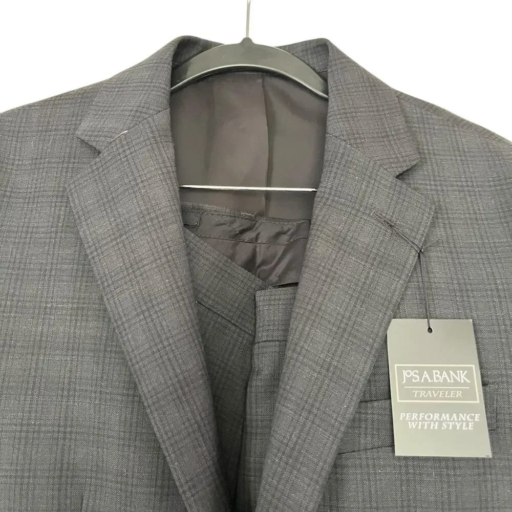 Jos. A. Bank Traveler Brown Wool Plaid Two Piece Suit Set Men’s Size 36R/30W NWT